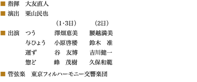 
■ 指揮　大友直人
■ 演出　栗山民也
		　　　　（1・3日）　　　（2日）
■ 出演　つう　	　澤畑恵美　　腰越満美
　　　　 与ひょう　 小原啓楼　　鈴木　准
　　　　 運ず　　　谷　友博　　吉川健一
　　　　 惣ど　　　峰　茂樹　　久保和範
■ 管弦楽　東京フィルハーモニー交響楽団
						