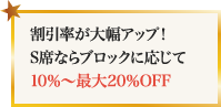 割引率が大幅アップ！S席ならブロックに応じて10％～最大20％OFF