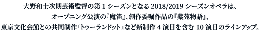 大野和士次期芸術監督の第1シーズンとなる2018/2019シーズンオペラは、オープニング公演の『魔笛』、創作委嘱作品の『紫苑物語』、東京文化会館との共同制作『トゥーランドット』など新制作4演目を含む10演目のラインアップ。