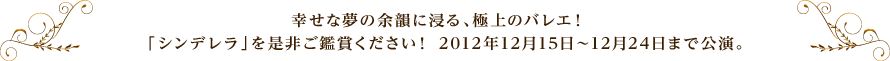 幸せな夢の余韻に浸る、極上のバレエ！  「シンデレラ」を是非ご鑑賞ください！ 2012年12月15日～12月24日まで公演。