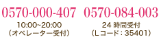 0570-000-407 10:00～20:00（オペレーター受付） / 0570-084-003 24時間受付（Lコード : 35401）