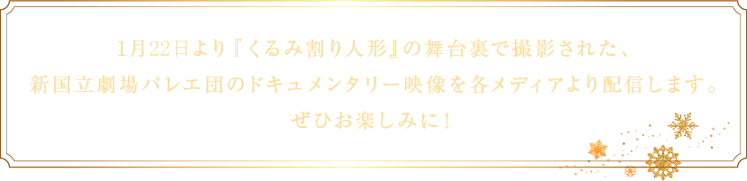 1月下旬より『くるみ割り人形』の舞台裏で撮影された、新国立劇場バレエ団のドキュメンタリー映像を各メディアより配信します。ぜひお楽しみに！