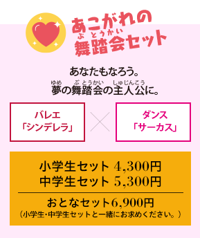 あこがれの舞踏会セット。小学生セット4,300円、中学生セット5,300円、おとなセット6,900円