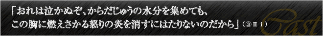 「おれは泣かぬぞ、からだじゅうの水分を集めても、この胸に燃えさかる怒りの炎を消すにはたりないのだから」