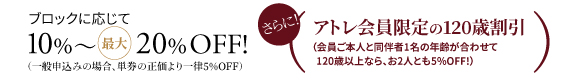 ブロックに応じて10%~最大20%OFF! (一般申込みの場合、単券の正価より一律5%OFF) さらに! アトレ会員限定の120歳割引 (会員ご本人と同伴者1名の年齢が合わせて120歳以上なら、お2人とも5%OFF!)